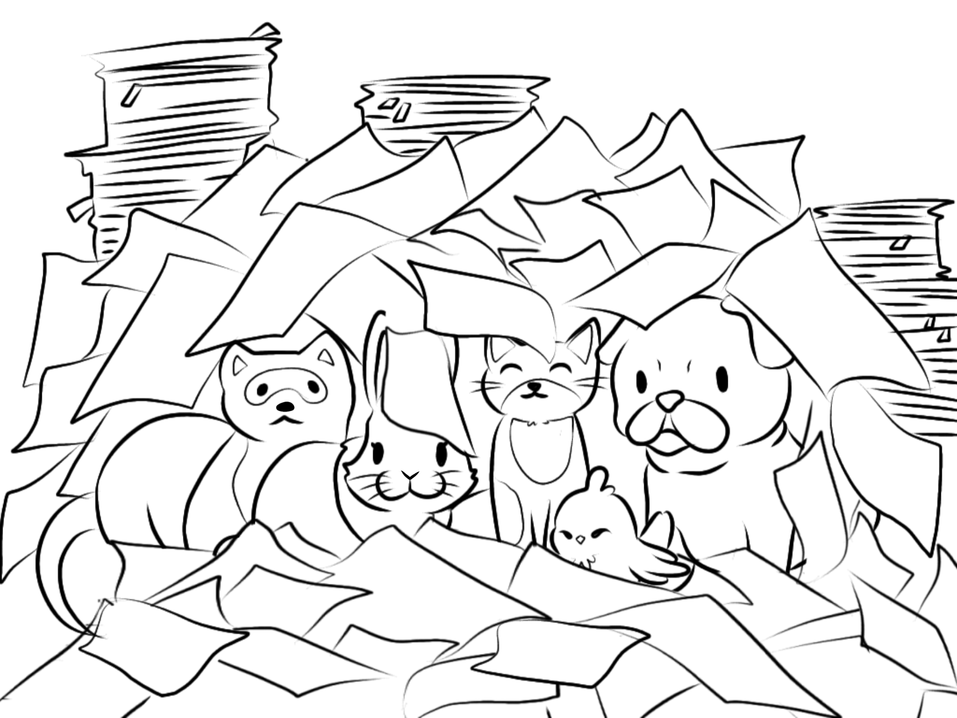 Five Animals buried under paper