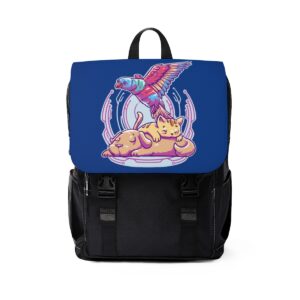 A canvas backpack with front flap and cyberpunk illustration of a dog, cat and parrot on blue background.