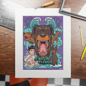 Fine art print with passpartout showcasing illustration of Bruce Lee with Dobermanns on coloured background