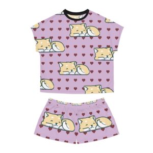 Cute Cat Dog Hearts Love Women's Short Pajama Set
