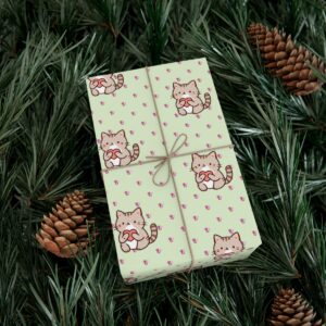 cute cat gift wrap on top of green pines and leaves