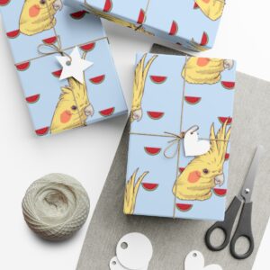 Cockatiel portrait with watermelons on blue background gift wrap